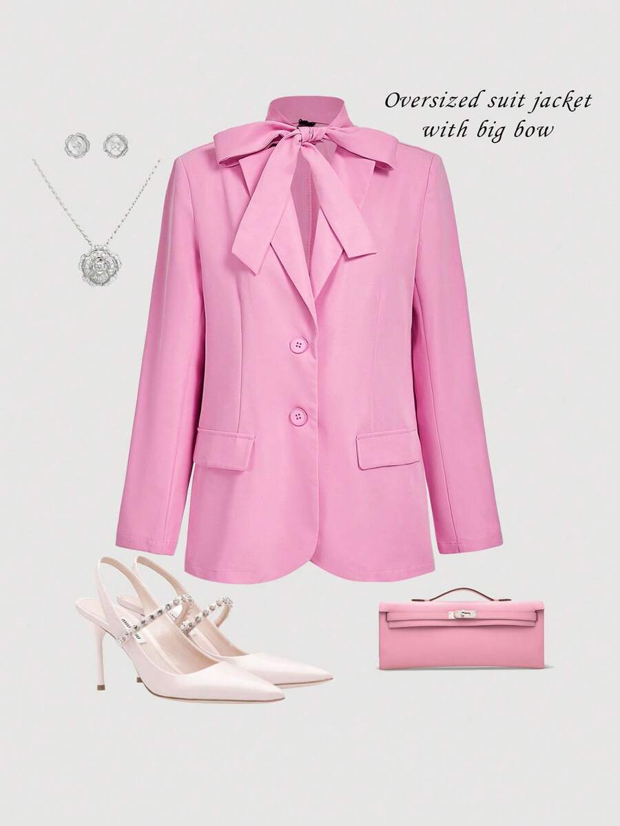 SHEIN MOD 女士梦幻浪漫粉色优雅蝴蝶结西装外套，适合秋冬季约会、派对、生日、庆典 - 粉色 - 查看 1