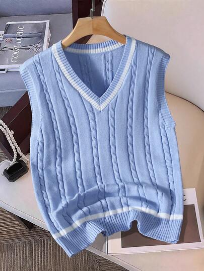 Claim Dot Chaleco de punto con cuello en V a rayas casual para hombres, versátil para otoño/invierno