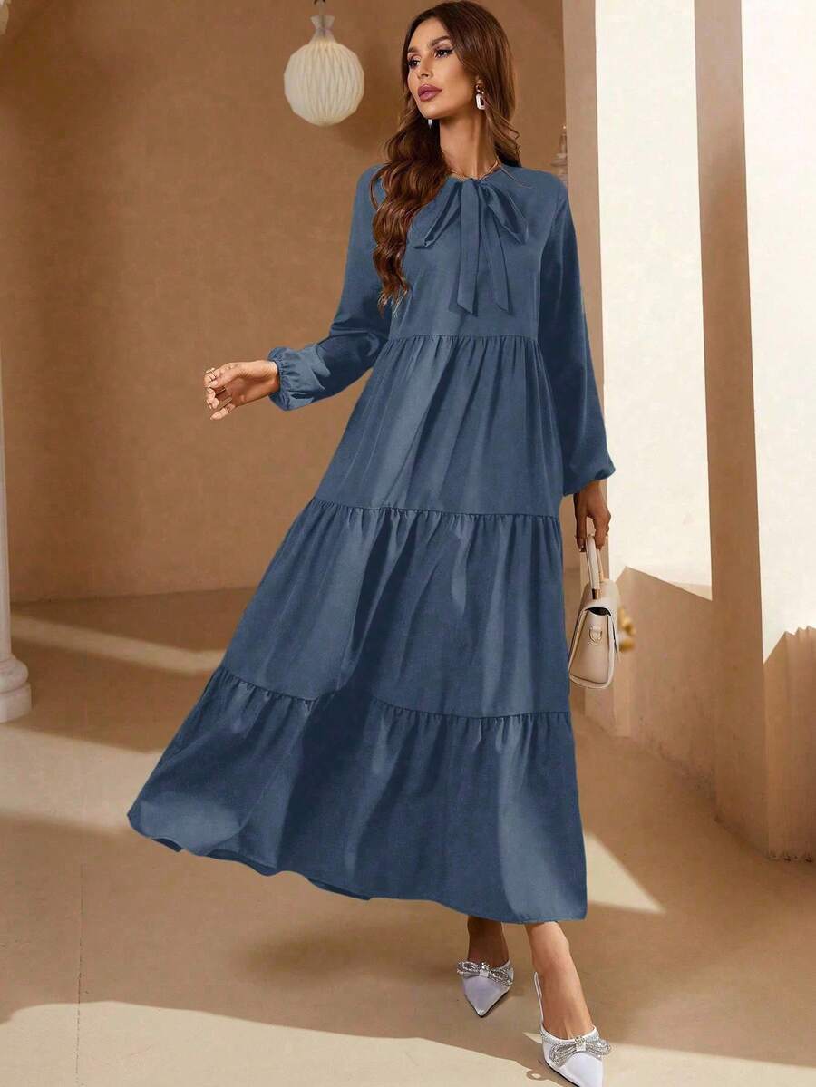 Mulvari Tie Neck Lantern Sleeve Ruffle Hem Dress Maxi Women Outfit - Dusty Blue - View 1