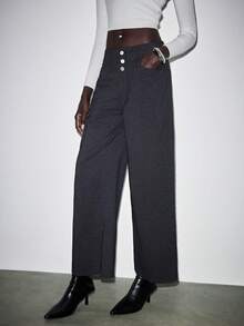 Lumivelle Women's Casual Commute Elegant Button-Down Slanted Pocket Straight Leg Trousers Women Pants Wide Leg Pants Navy Pants - Dark Wash - View 1