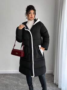 Elenzga Plus Size Patchwork Fuzzy Trim Zip-Up Hooded Padded Coat, Autumn/Winter - Black - View 6