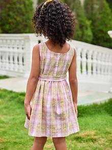 Joliand Joliand 1 Pc Young Girl Elegant Pink Plaid Sleeveless Dress,Summer Fairy Style,Matching Family Vacation Holiday Outing,Urban School Party Wedding Dresses - Multicolor - View 9