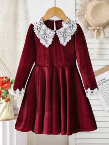 少女长袖圆领连衣裙，秋冬 - 酒紅色 - 查看 5