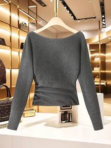 Modelyn Women's Ruched Waist Side Button Knit Sweater - Grey - View 1