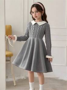 Vestido suéter feminino elegante, estilo universitário, gola branca, babados, manga larga, texturizado, de malha, manga comprida, adequado para uso diário, ao ar livre, no campus, no outono/inverno