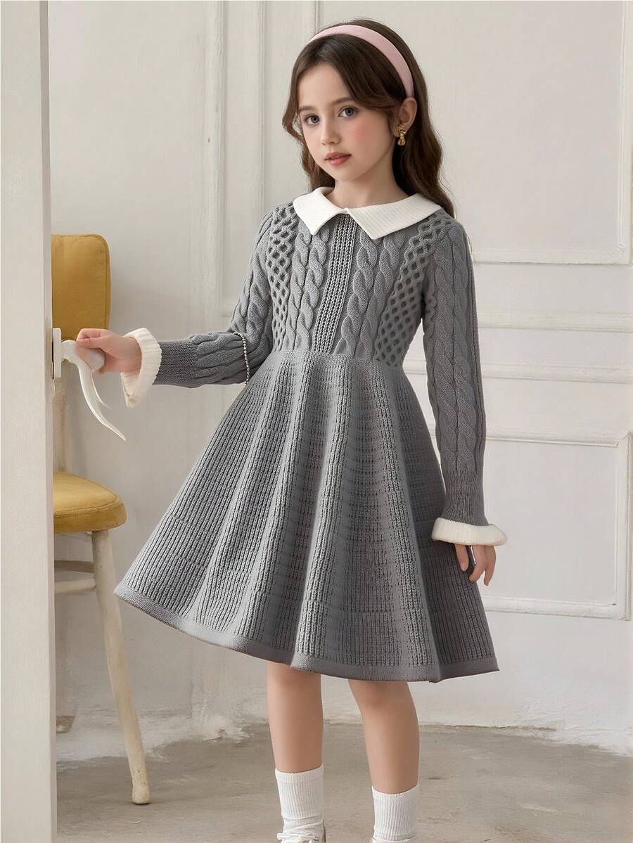 Vestido suéter feminino elegante, estilo universitário, gola branca, babados, manga larga, texturizado, de malha, manga comprida, adequado para uso diário, ao ar livre, no campus, no outono/inverno