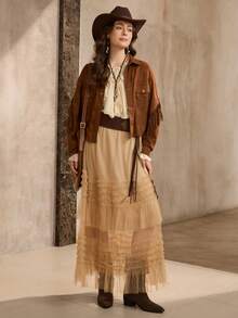 Wildy 美国西部乡村休闲绒面棕色流苏夹克