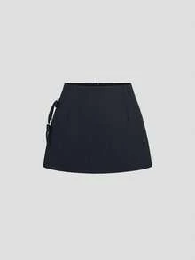 Sweetra Spring/Summer Bowknot Tie Sexy Slit A-Line Women Mini Skirt - Navy Blue - View 3