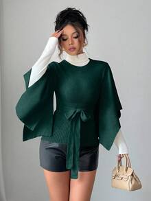 Elenzga Women's Solid Color Round Neck Bell Sleeve Knotted Waist Fashionable Sweater, Autumn/Winter - Dark Green - View 6