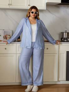 SHEIN 3件套加大码睡衣套装：美式条纹翻领长袖上衣、直筒裤和白色吊带背心，秋冬服装 - 彩色 - 查看 3