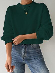 SHEIN LUNE Women's Solid Color Simple Casual Crew Neck Long Sleeve White Sweater - Dark Green - View 6