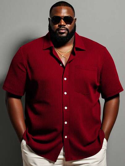 Manfinity LEGND Camisa casual de bolsillo de manga corta y un solo pecho de unicolor para hombres de talla grande