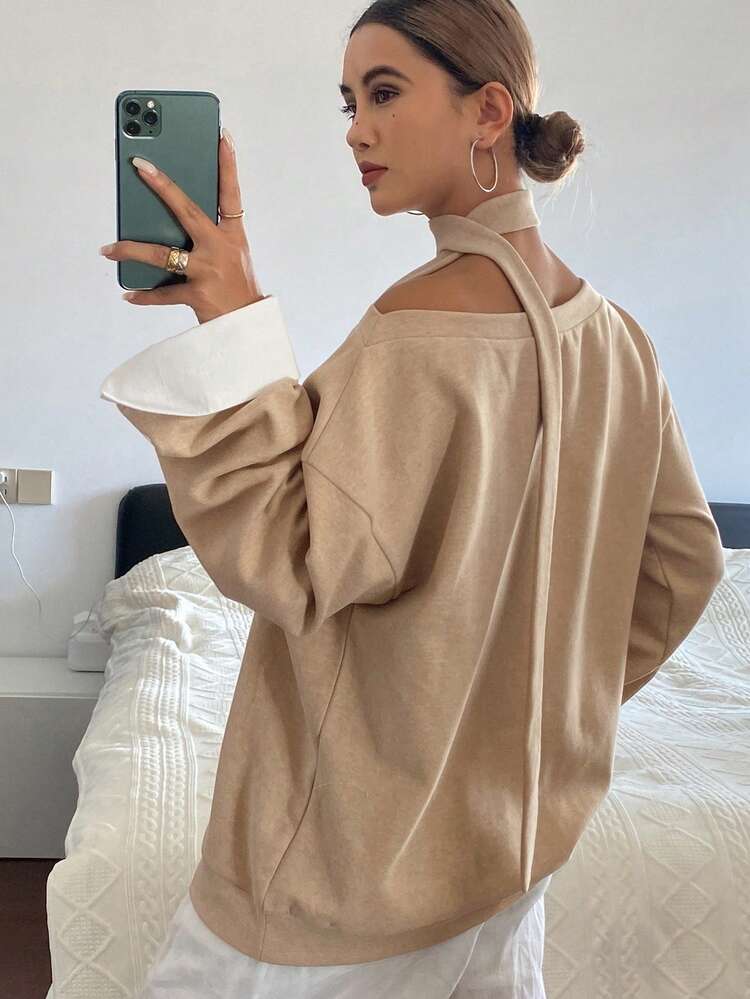 Women's Casual Loose Fit Colorblock Shoulder Tie Sweatshirt, Autumn/Winter