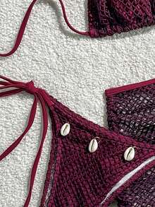 Swim Mod Bộ đồ bơi cho nữ Shell Decor Halter Bra & Quần bơi & Váy che phủ Bikini, Đồ bơi đi biển mùa hè - Màu đỏ tím - Xem 4