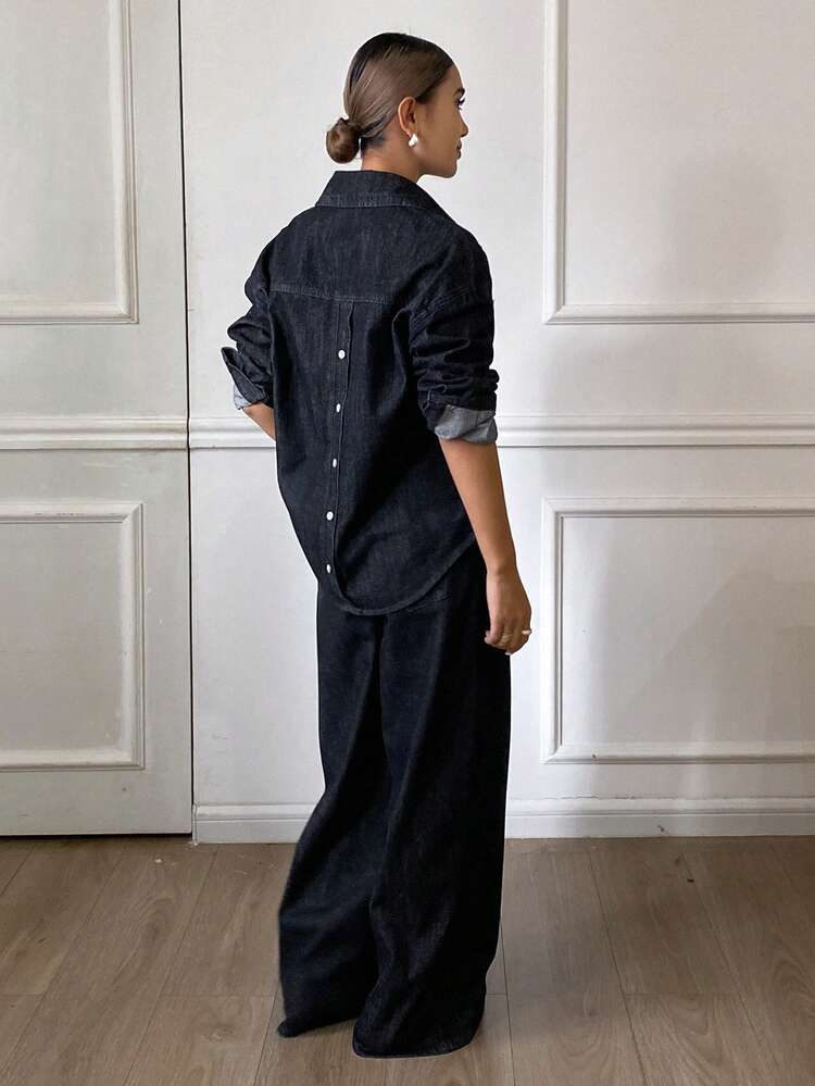 Women's Loose Collared Shirt With Button Back Design And Straight Leg Jeans Casual Suit