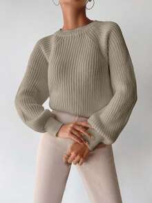 SHEIN Cottnline 女士纯色圆领长袖简约毛衣，休闲日常穿着 - 米色 - 查看 5