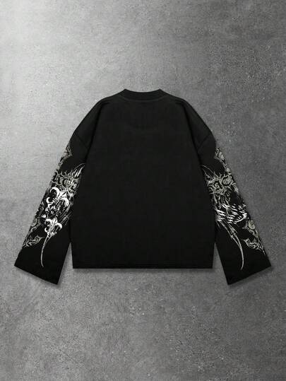 Street Life Men's Retro Graphic Gothic Print Loose Cropped Long Sleeve T-Shirt