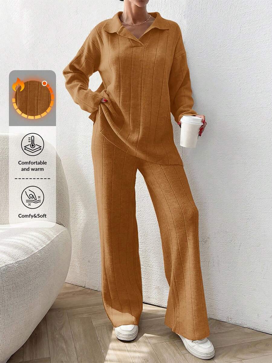 EURMUSE 2pcs Solid Color Loose Fit Ribbed Polo Collar Sweaters - Brown - View 1
