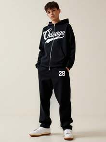 SHEIN 2件套青少年男童宽松字母图案连帽衫和运动裤套装 - 黑色 - 查看 1