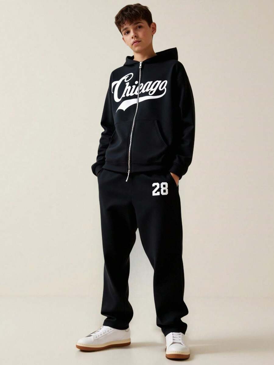 SHEIN 2件套青少年男童宽松字母图案连帽衫和运动裤套装 - 黑色 - 查看 1