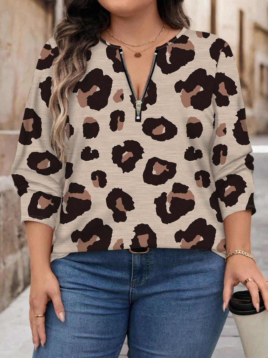 EMERY ROSE Plus Size Loose Fit Half Zip Round Neck Long Sleeve T-Shirt - Khaki - View 1