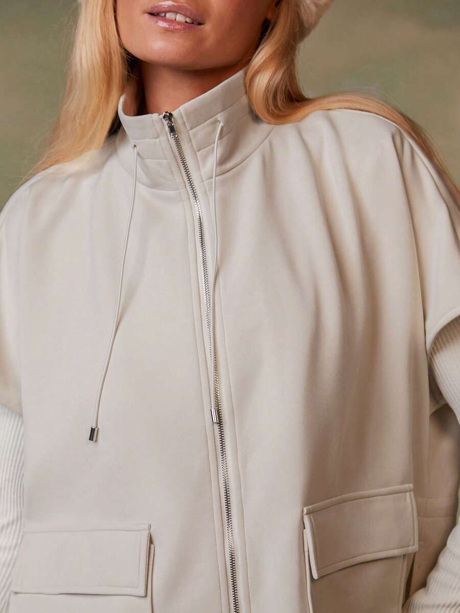 Athîral 女式休闲实用口袋拉链抽绳夹克 - 米色 - 查看 1