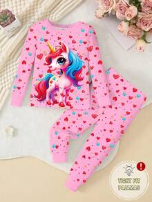 Conjunto de pijama de punto con cuello redondo, estampado de unicornio, bloque de color y luz en el corazón que brilla en la oscuridad para niñas, de tela elástica, cómodo y ajustado, con manga larga y pantalones, color rosa