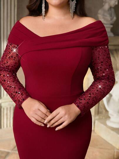 Aureia Plus Size Elegant Luxurious Burgundy Asymmetrical Shoulder Pleated Sequin Long Sleeve Fitted Mermaid Hem With Detachable Train Dress, Suitable For Evening Party, Prom, Wedding, Vacation