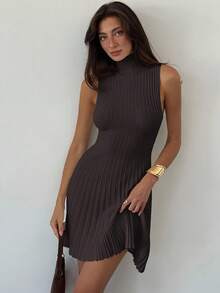 Aloruh 女式简约时尚立领无袖 A 字迷你罗纹针织连衣裙 - 咖啡棕 - 查看 1