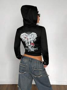 SHEIN Unity Women's Autumn/Winter Hooded Slim Fit Zipper Cross Punk Sweatshirt, Anime Style Black Sweatshirt - Black - View 3