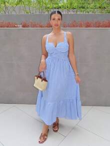 MDEdit Vestido de mujer con cuello en V a rayas y cruzado - Azul - Ver 2