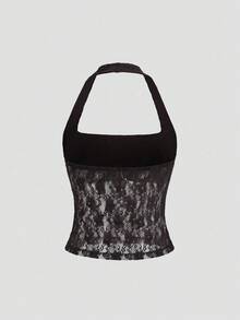 Sweetra 优雅性感纯色蕾丝吊带背心，Y2K风格，适合圣诞节、假日派对和新年派对 - 咖啡棕 - 查看 2