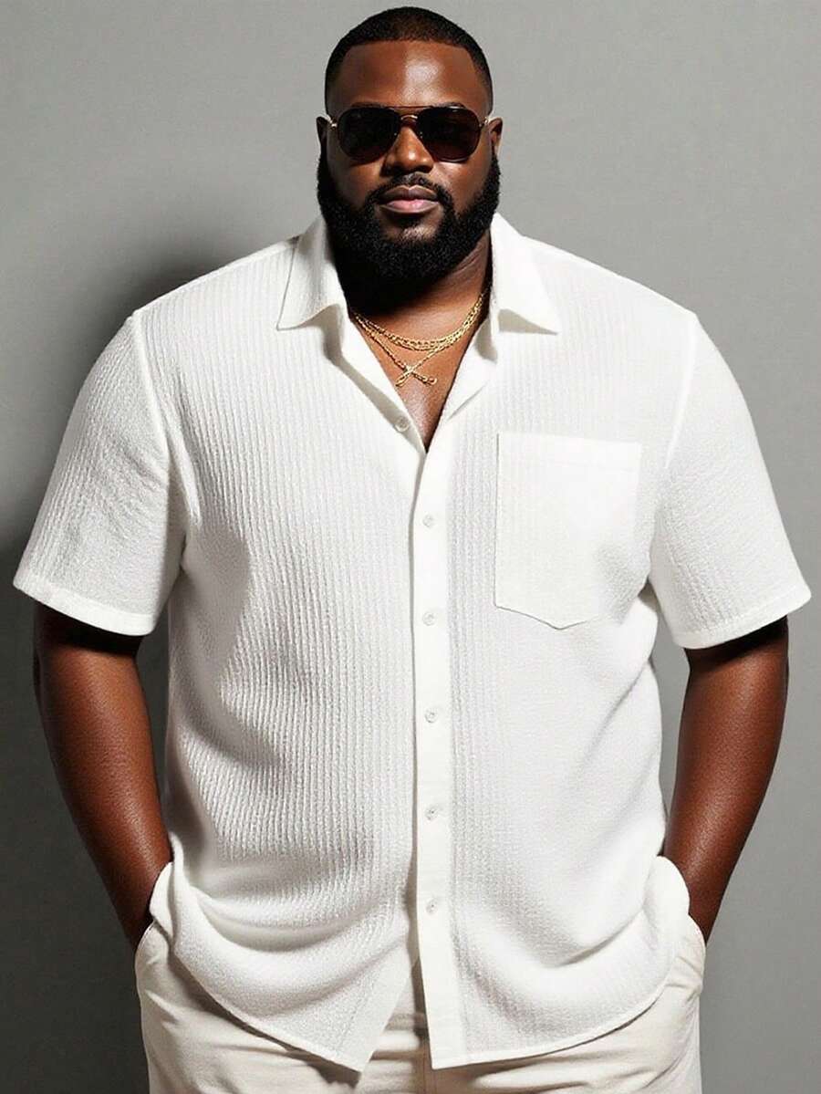 Manfinity Homme Plus Size Men's Casual Solid Color Short Sleeve Shirt, Summer