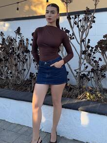 Andrea Bello 女款純色立領長袖收腰休閒修身上衣，秋季女裝，適合小個女生 - 棕色 - 查看 3