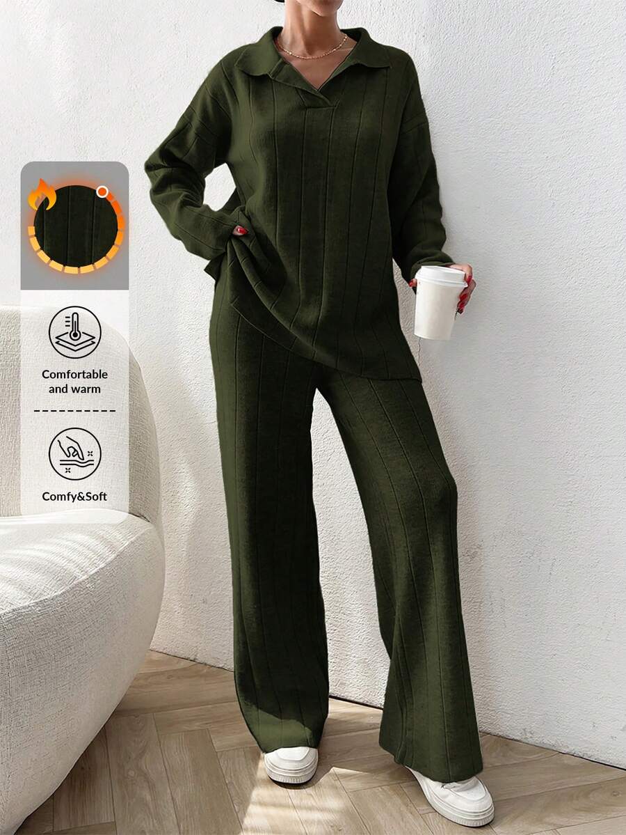 EURMUSE 2pcs Solid Color Ribbed Polo Collar Loose Knit Sweaters - Army Green - View 1