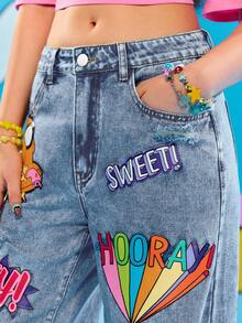 Adventure Time X ROMWE 卡通图案破洞宽松喇叭牛仔裤 - 藍色 - 查看 7