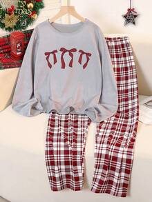 青少年女孩两件套睡衣套装 - 灰色蝴蝶印花长袖上衣和红色格子宽松裤，圣诞主题 - 灰色 - 查看 3