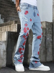 Manfinity EMRG Jeans anchos y sueltos de pierna ancha de color azul medio lavado para hombres, jeans holgados, jeans vintage lavados con forma de luna y desgastados - Lavado ligero - Ver 3