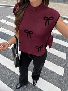 2026 Chaleco de mujer con cuello de contraste, sin mangas, decorado con lazo.Chaleco de punto holgado con cuello alto pequeño, lazo 3D, casual.Suéter de cuello redondo casual, decorado con concha a ganchillo, con ribete de color contrastante, para otoño/invierno - Burdeos - Ver 3