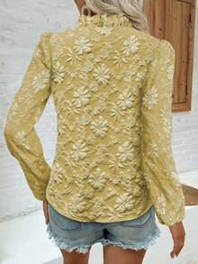 Elenzga Elegant Daily V-Neck Ruffle Puff Sleeve Textured Women Blouse - Yellow - View 2