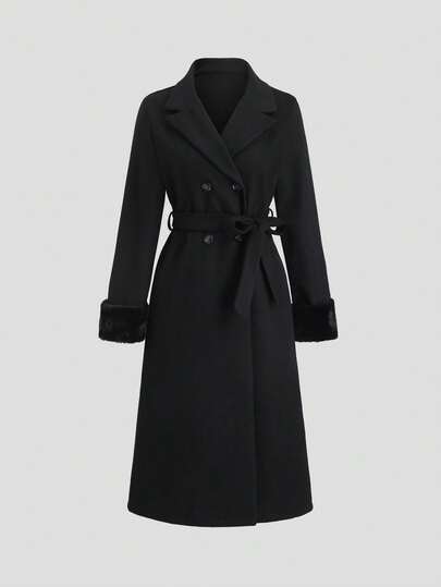 Sweetra 女士优雅哥特风大衣，袖口拼接人造毛皮，时尚独特，尽显Y2K风尚，秋冬款