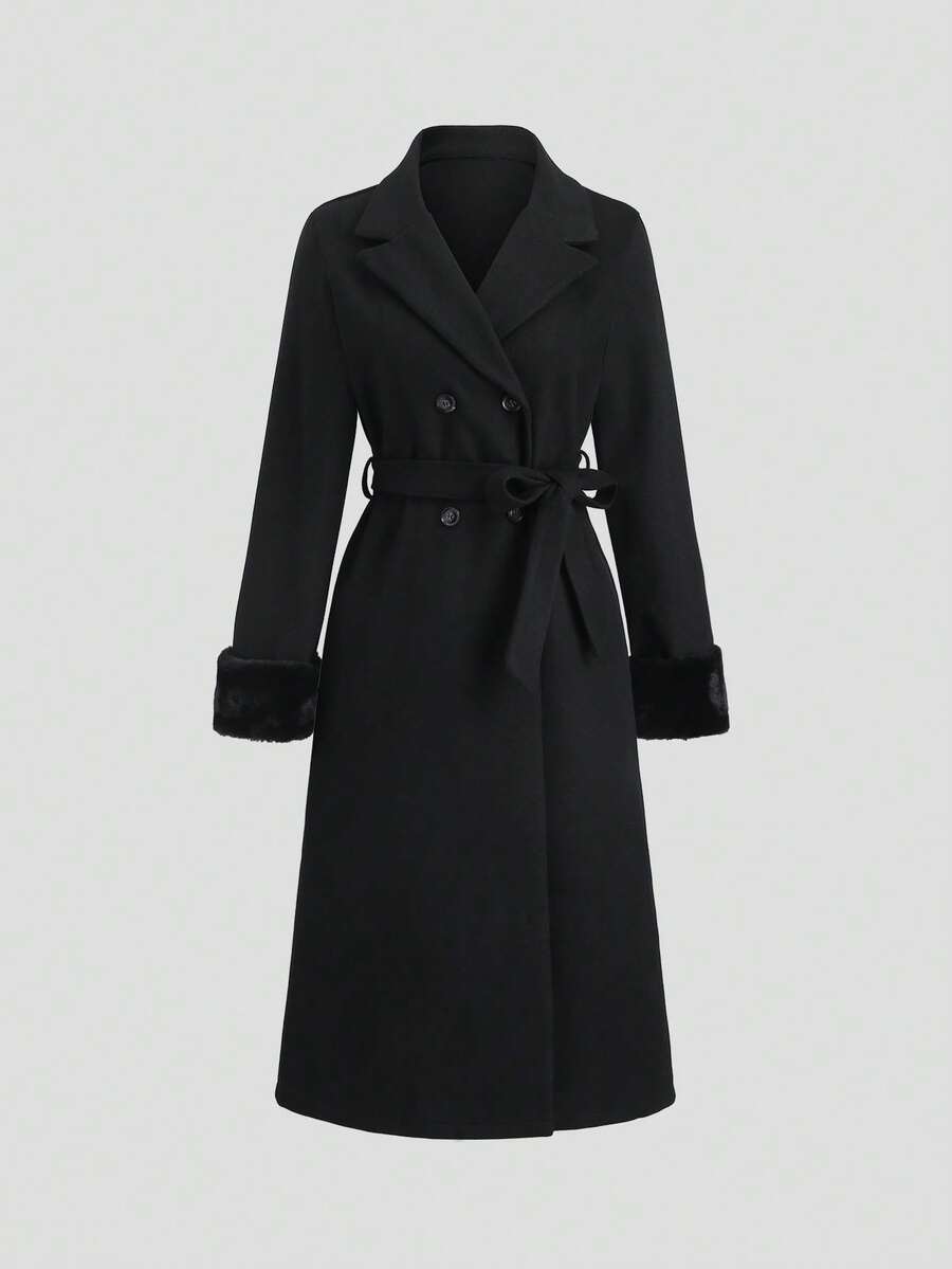 Sweetra 女士优雅哥特风大衣，袖口拼接人造毛皮，时尚独特，尽显Y2K风尚，秋冬款 - 黑色 - 查看 1