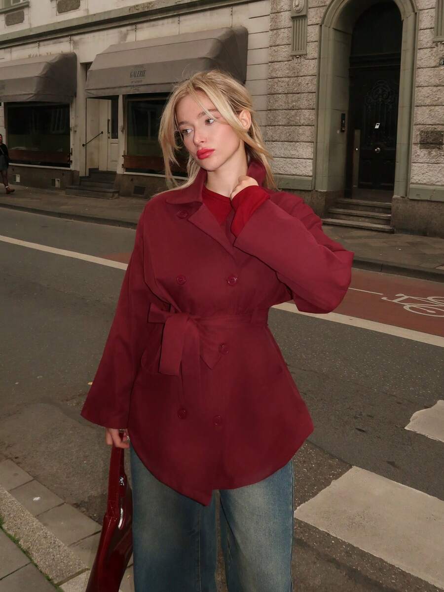 Turnttoni Herbst&Winter Damen Burgunderroten Mantel/Y2k/Klassische Outfits/Burgunderrot Langarm/Weihnachtsoutfits/Silvesteroutfit/Feiertagsparty Damenmäntel/Burgunderroter Trenchcoat/Festtagsoutfits/Silvester/Loser Mantel/Burgunderroter Formeller Mantel/Festtags-Damenoutfits/Weihnachtsmantel/Silvesterabend-Outfit/Burgunderroter Mantel/Burgunderrote Jacke/A-Form/Festliche Burgunderrote Trenchcoat/Mantel mit Langarm - Bordeaux - Übersicht 1