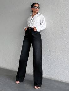 EURMUSE 100% Cotton Casual Versatile Commuting Washed Straight Leg Jeans - Black - View 5