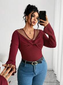 SHEIN Elenzya Áo thun tay dài cổ chữ V thanh lịch, chất liệu lưới xoắn cỡ lớn dành cho nữ - Màu Đỏ Sâu - Xem 1