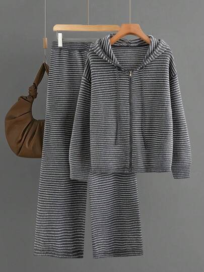 EMERY ROSE Conjunto de 2 piezas de suéter de mujer talla grande con cardigan a rayas y gorro, para invierno