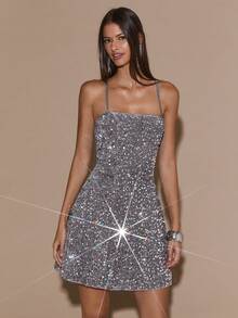 SHEIN BAE 女士纯灰色露背闪亮荷叶边下摆优雅鸡尾酒礼服，适合鸡尾酒会、浪漫约会、秋冬分层礼服、派对、正式聚会、万圣节礼服、圣诞节礼服、派对 - 銀色 - 查看 6