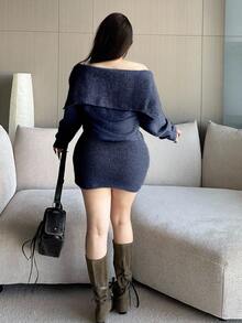 Flirla 大码女式纯色翻领纽扣前针织毛衣裙，适合秋冬季、返校/通勤穿着 - 寶藍色 - 查看 2