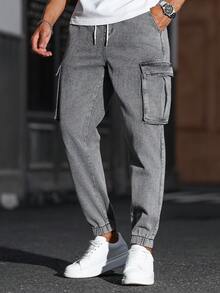 Manfinity Homme 男式工装口袋宽松锥形休闲牛仔裤 - 灰色 - 查看 7