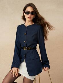 INAWLY Women's Solid Color Round Neck Raglan Sleeve Fashionable Versatile Elegant Jacket - Blue - View 6